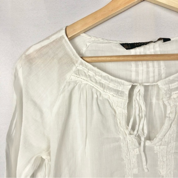 Zara White Round Tie Neck Lightweight 3/4 Long Sleeve Blouse M - Picture 3 of 3